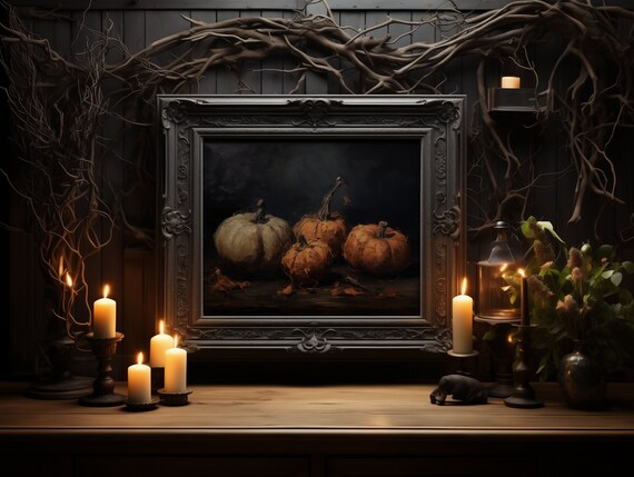 Vintage Pumpkin Still Life Painting Rustic Halloween Decor