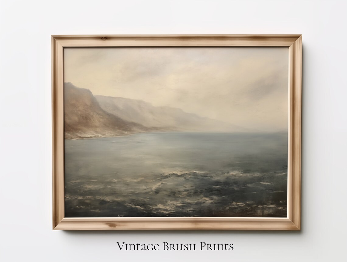 Misty Cliffs Over Gray Ocean Moody Seascape Oil Painting Poster