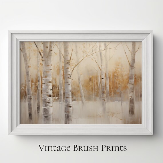 Golden Birch Forest Misty Winter Woods Watercolor Painting Poster