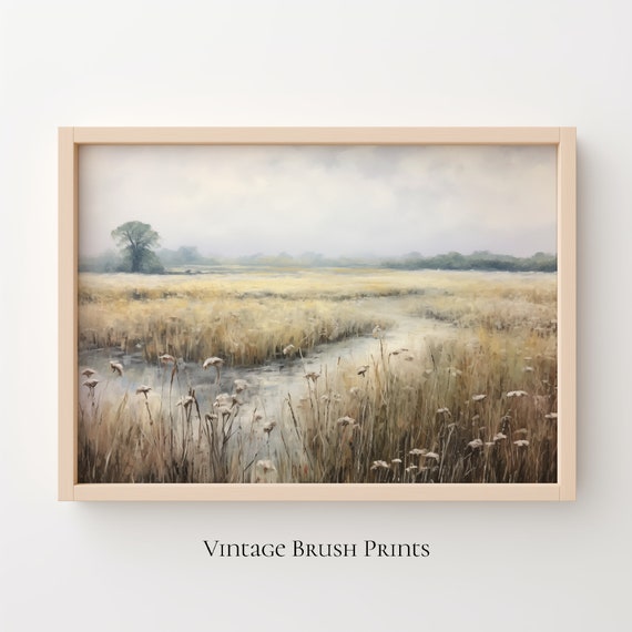 Rustic River Landscape Painting Vintage Farmhouse Wall Art