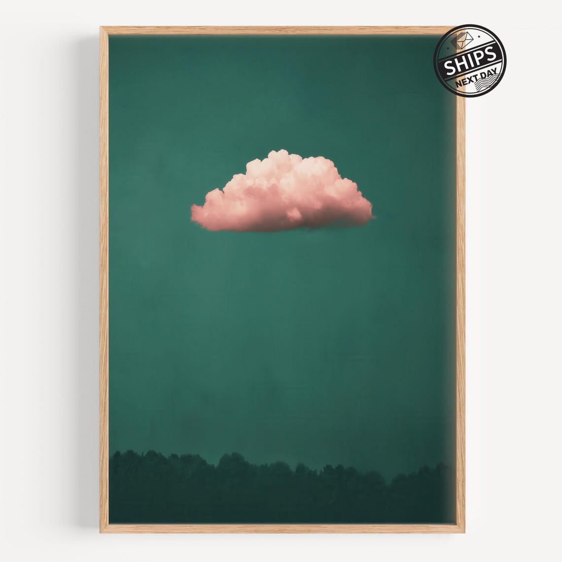 Pink Cloud Above Dark Forest Teal Sky Minimalist Surreal Art Poster