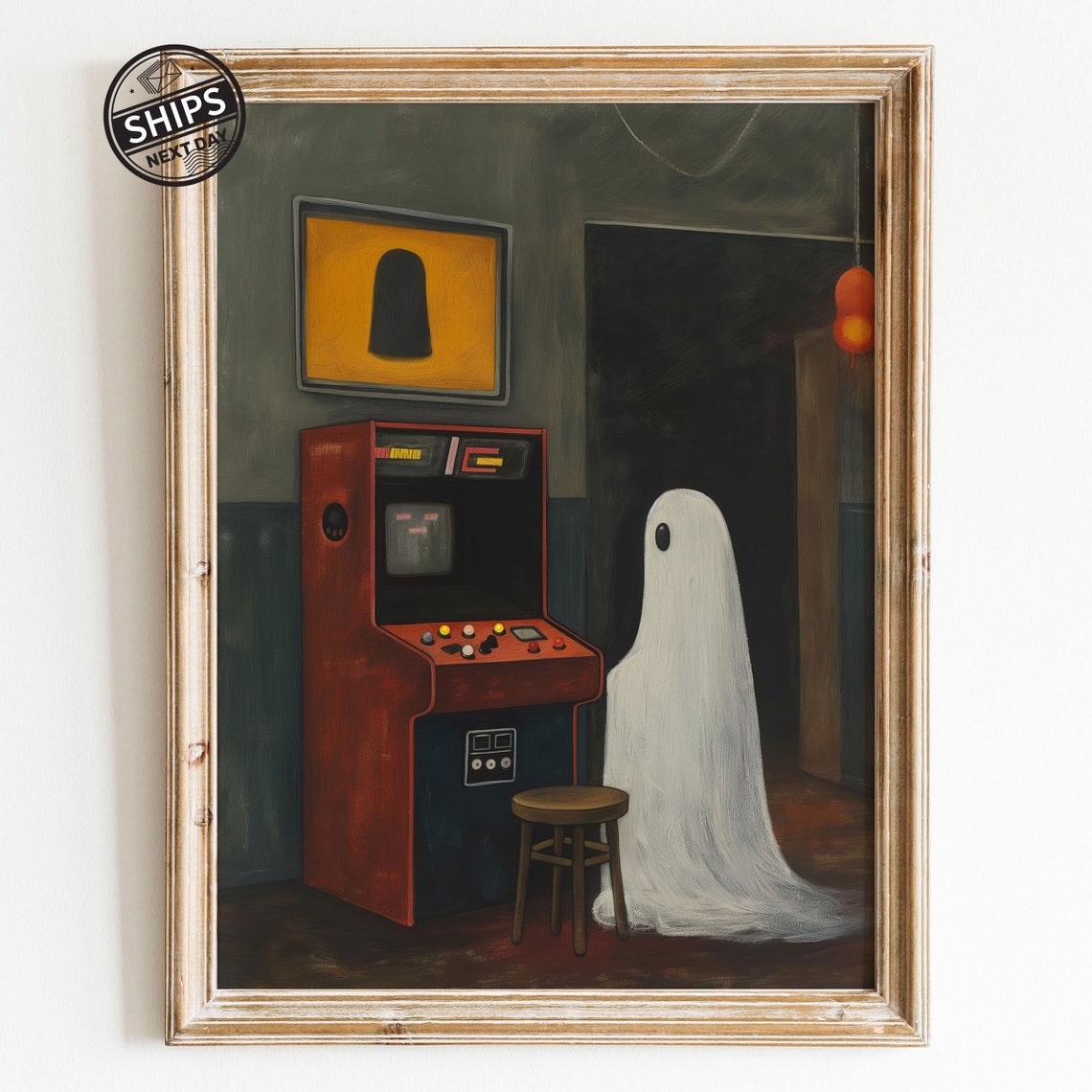 Ghost Playing Retro Arcade Game Spooky Cute Halloween Art Print