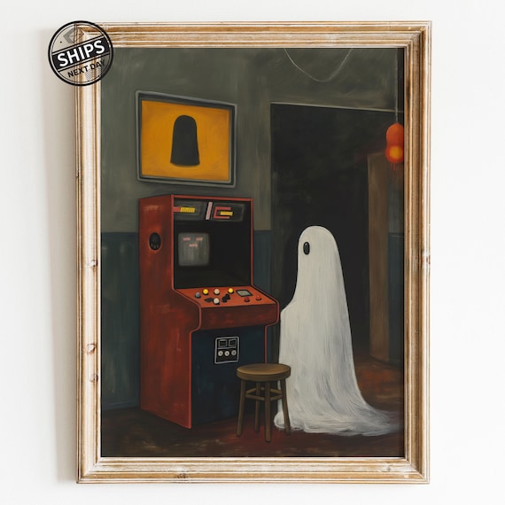 Ghost Playing Retro Arcade Game Spooky Cute Halloween Art Print