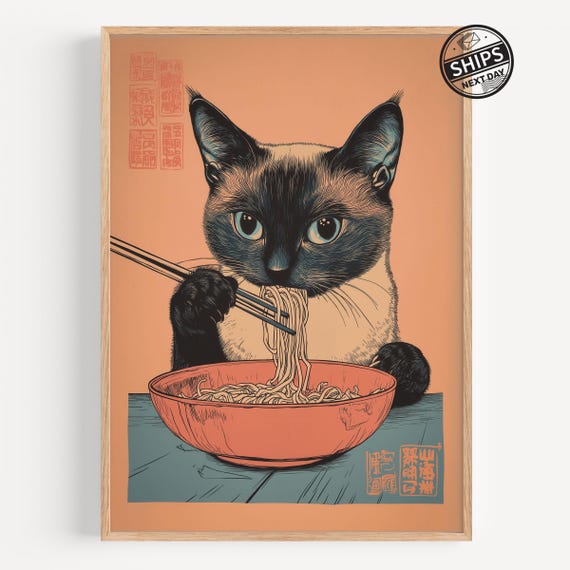 Vintage Siamese Cat Eating Ramen Noodles Poster