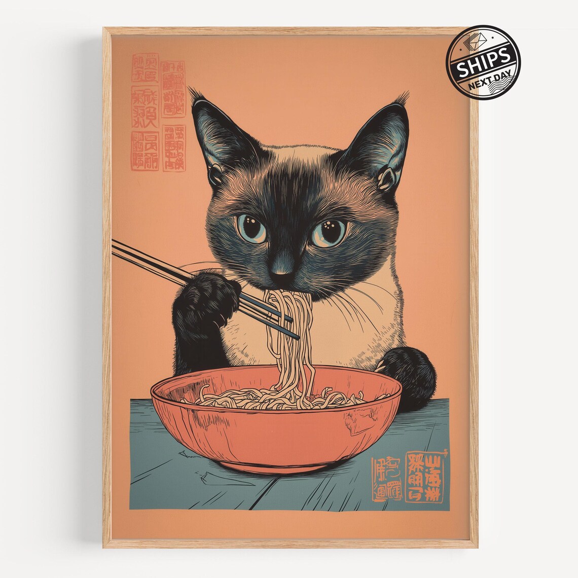 Vintage Siamese Cat Eating Ramen Noodles Poster