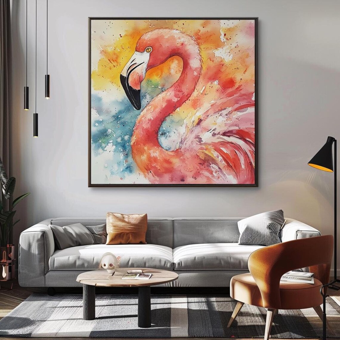 Pink Flamingo Watercolor Colorful Splash Background Bird Art Poster