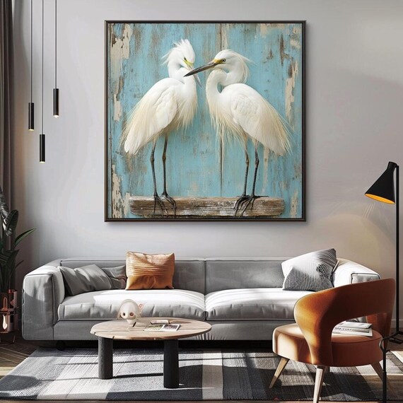 Two White Egrets Rustic Turquoise Wood Coastal Bird Wall Art Poster