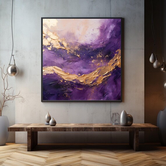 Purple And Gold Abstract Minimalist Wall Art Black Framed Wall Art Painting Marble Abstract Art Ready To Hang Gift Decor
