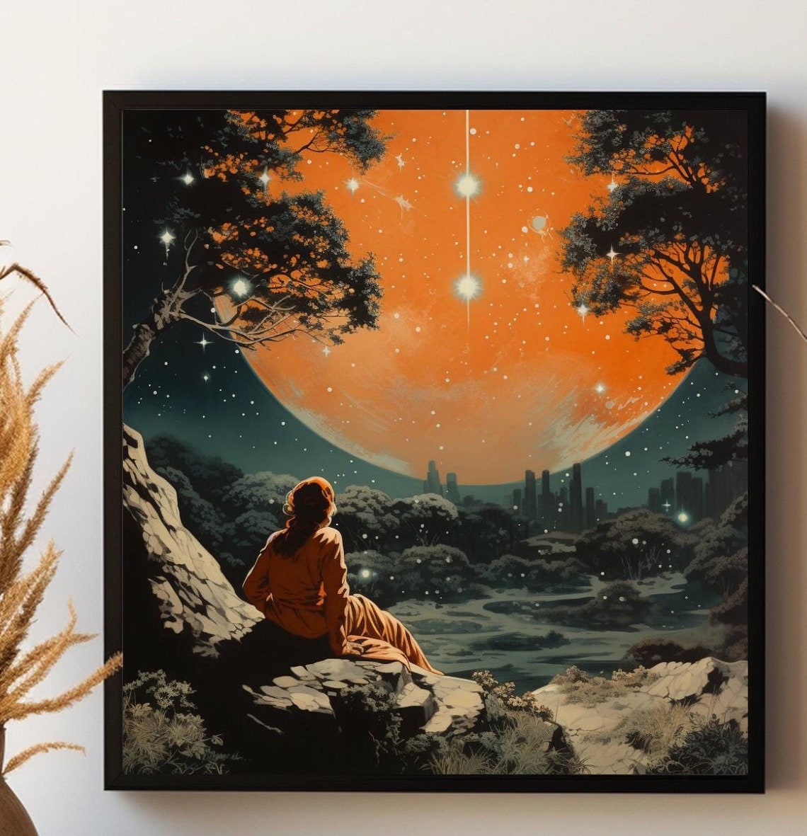 Vintage Stargazing Woman Giant Orange Moon Shooting Stars Art Print