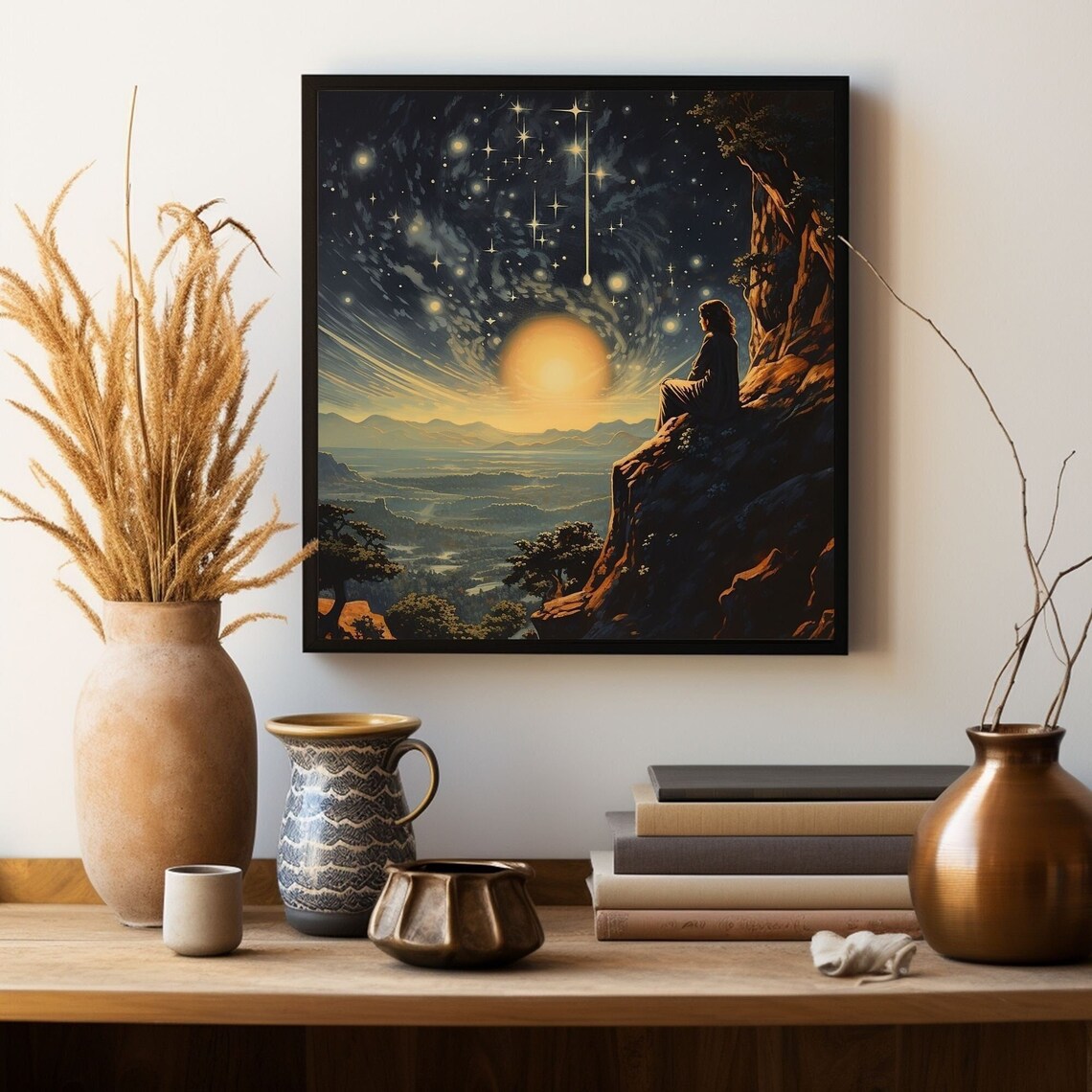 Celestial Stargazing Art Person on Cliff Under Starry Night Sky Print