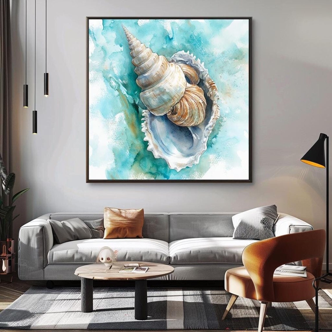 Watercolor Seashell Conch Spiral Shell Teal Coastal Beach Wall Art