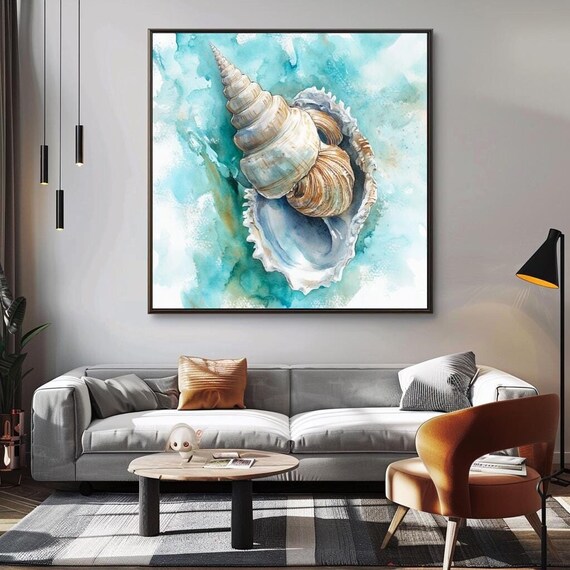 Watercolor Seashell Conch Spiral Shell Teal Coastal Beach Wall Art