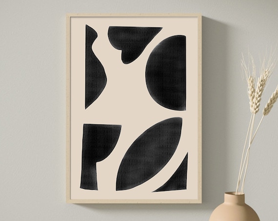 Beige Black Modern Abstract Line Art Print