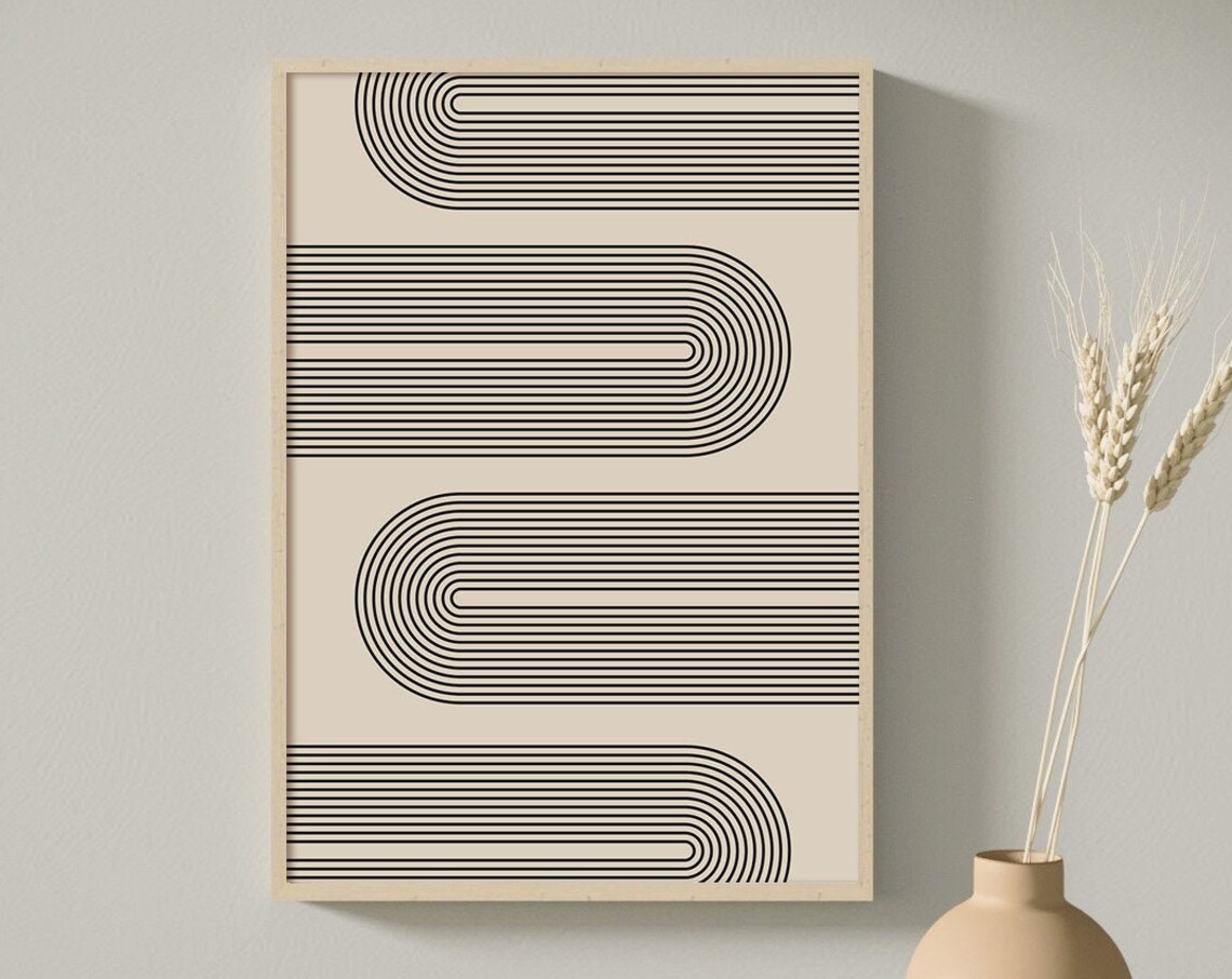 Mid Century Line Art Black Arch Lines Cream Retro Modern Wall Poster
