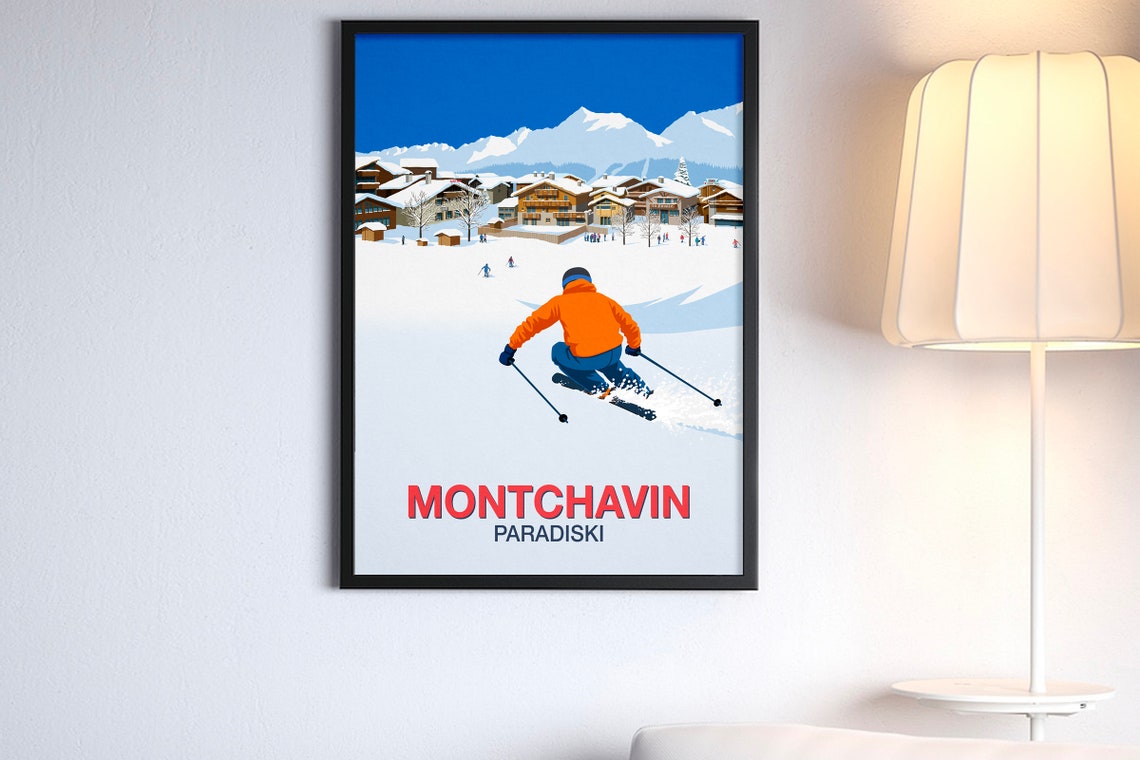 Montchavin Paradiski Ski Poster French Alps Village Skier Artwork - Image 4