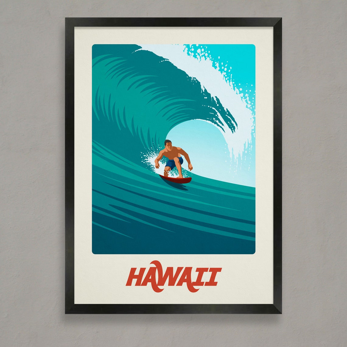 Hawaii Surf Poster with Surfer Riding a Barrel Wave Retro Beach Style