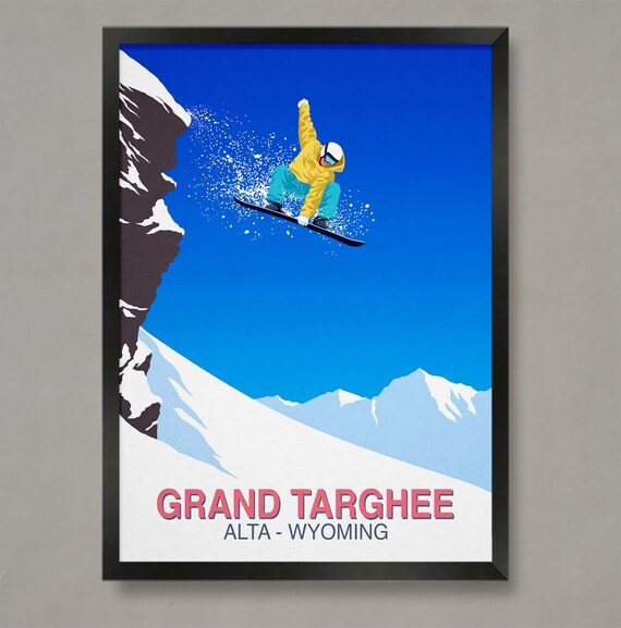 Grand Targhee Alta Wyoming Snowboarder Cliff Jump Ski Art Poster