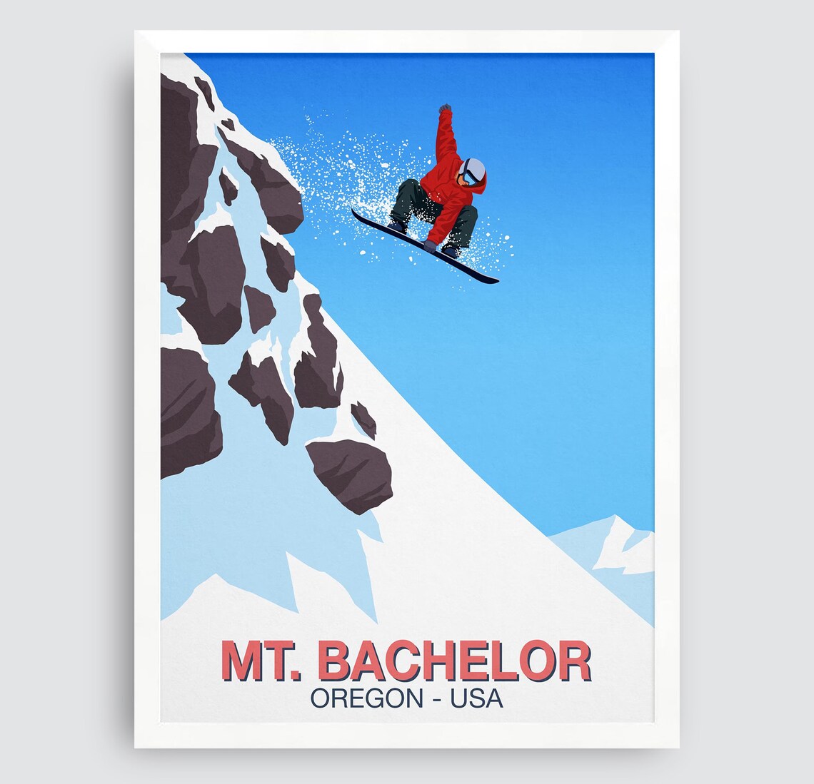 Mt Bachelor Snowboard Poster with Airborne Rider Oregon USA Peaks - Image 3