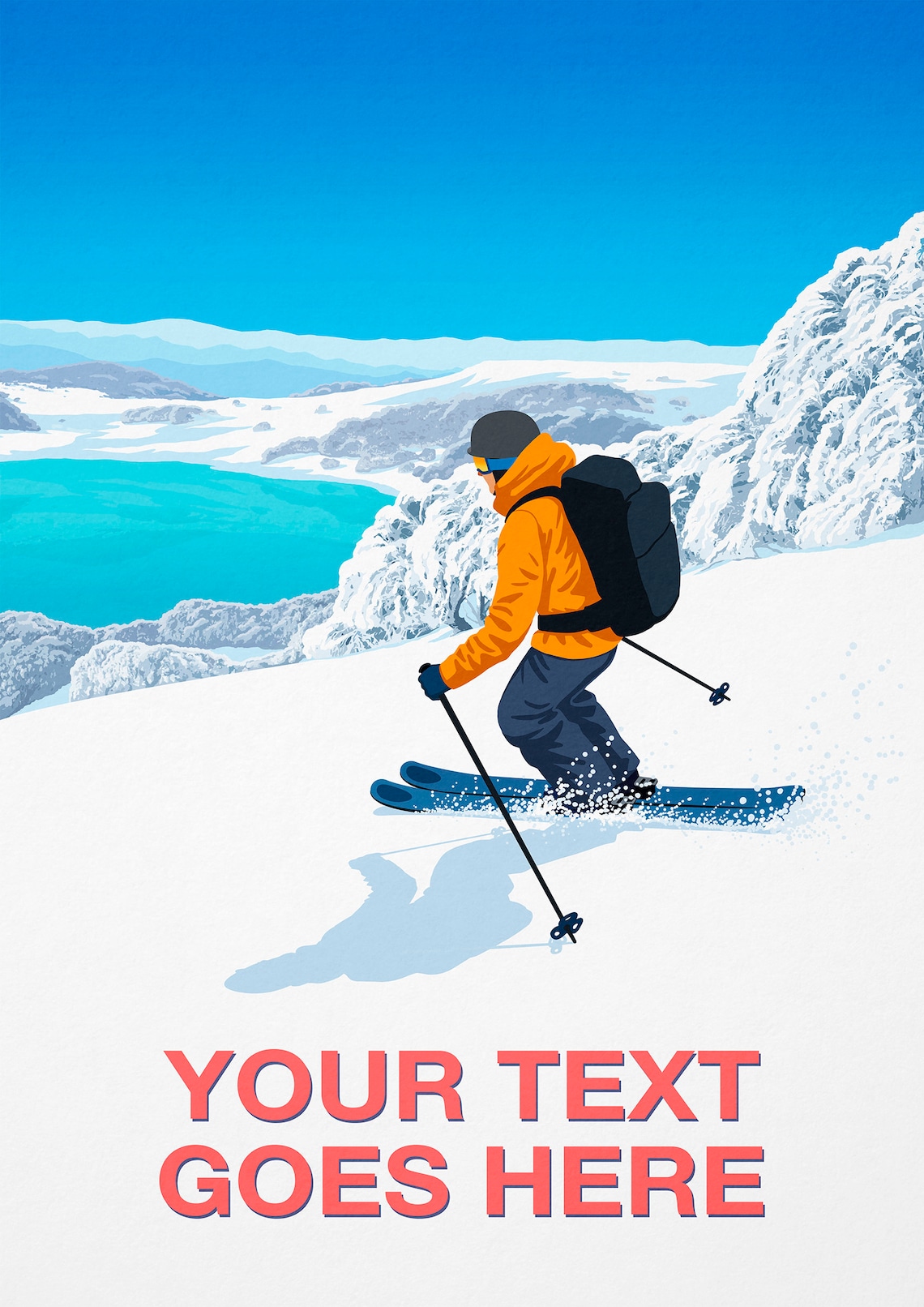 Personalised Ski Art Poster with Custom Text Skier Above Turquoise Lake - Image 2