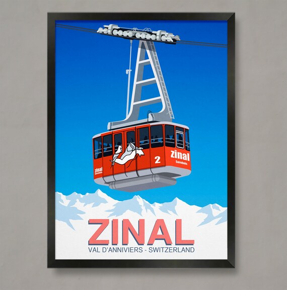 Zinal Val D Anniviers Switzerland Red Cable Car Mountain Ski Poster