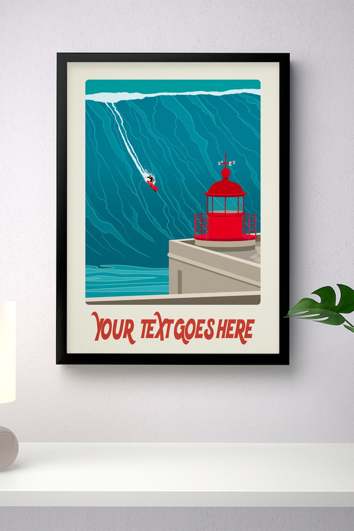 Personalised Surf Poster Red Lighthouse Surfer Big Wave Custom Text - Image 4