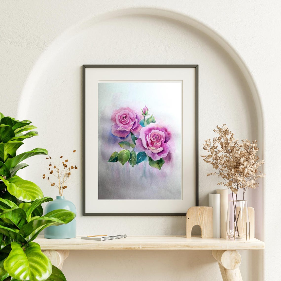 Two Delicate Pink Roses with Buds Watercolor Floral Art Poster - Image 6