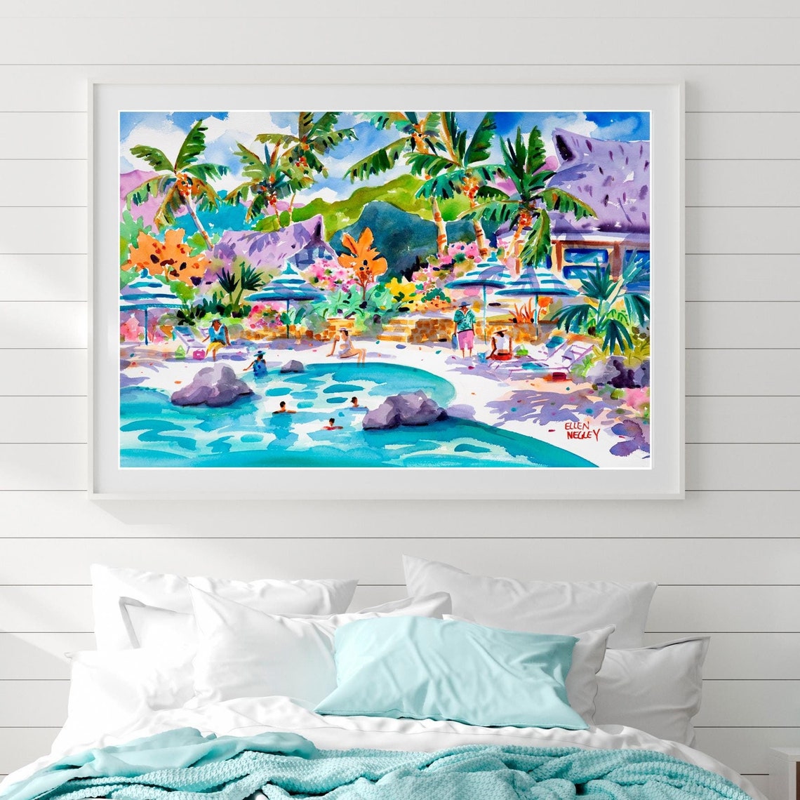 Tropical Island Lagoon Swimmers and Palms Watercolor Art Poster