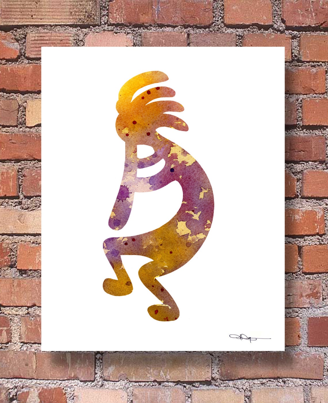 Golden Orange Watercolor Kokopelli Fertility Deity Art Print