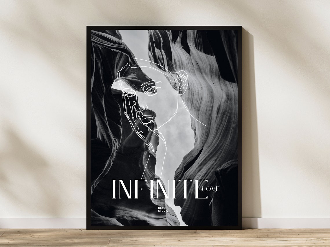 Infinite Love Black White Canyon Line Art Minimalist Nature Poster