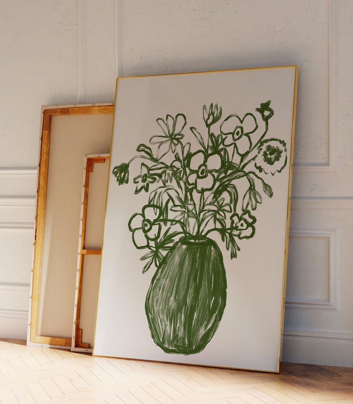 Green Vase Wildflowers Hand Drawn Botanical Modern Art Poster