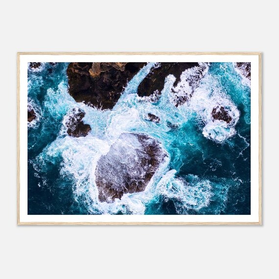 Aerial Ocean Turquoise Waves Crashing On Dark Rocks Photo Poster