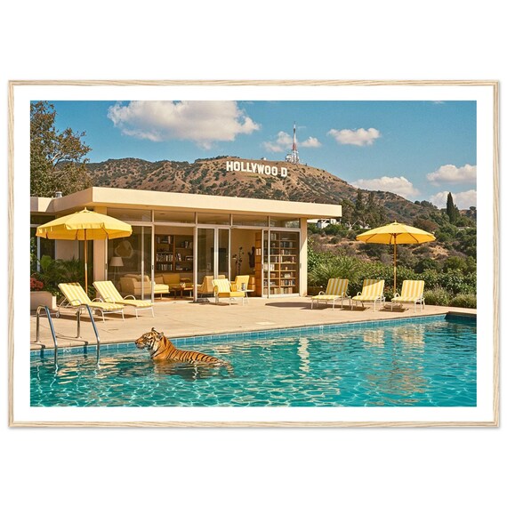 Fine Art Tiger By Pool Print Hollywood Hills Framed Photography Exotic Animal Retro Home Luxury Wall Decor