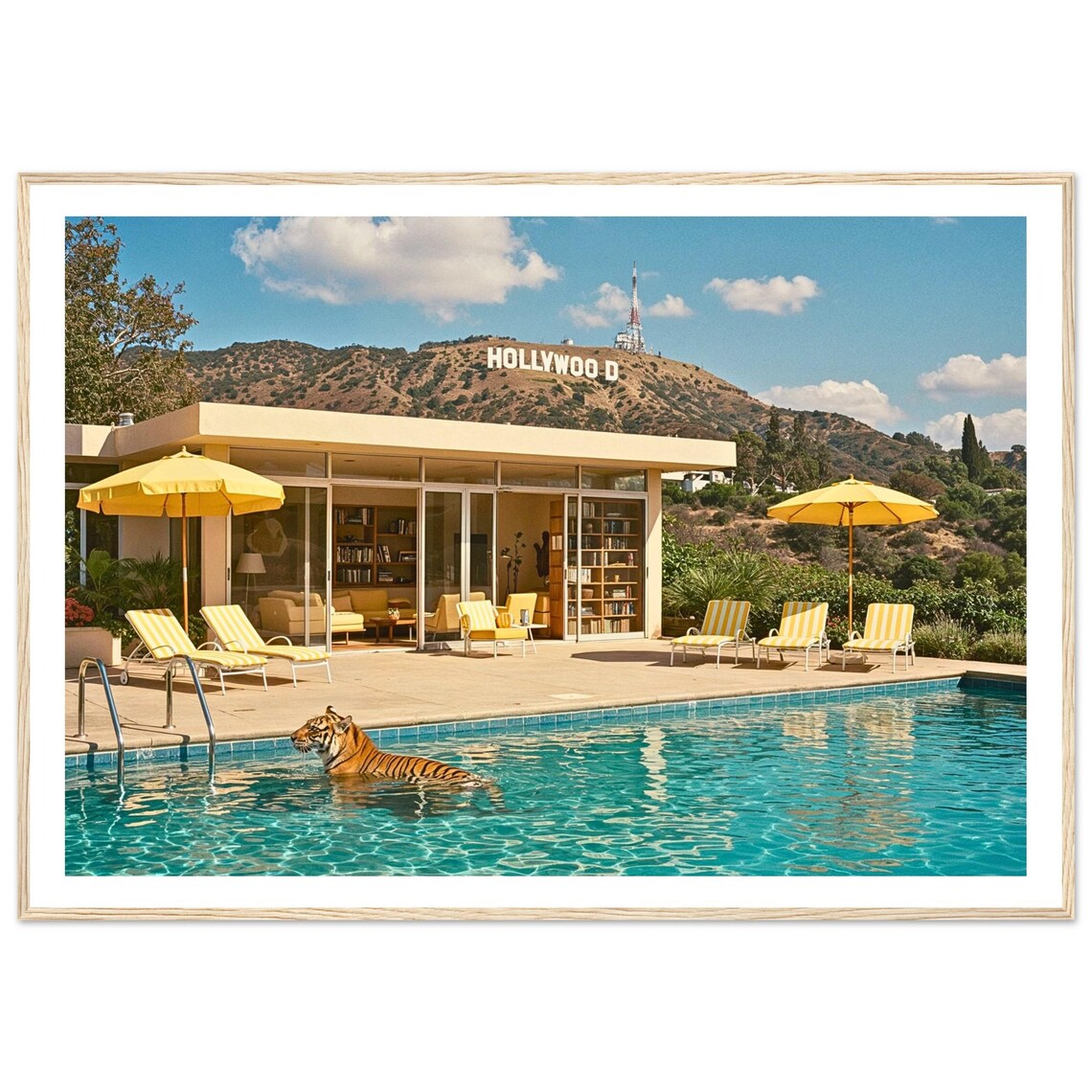 Tiger Swimming In Hollywood Hills Pool Retro Surreal Photo Poster
