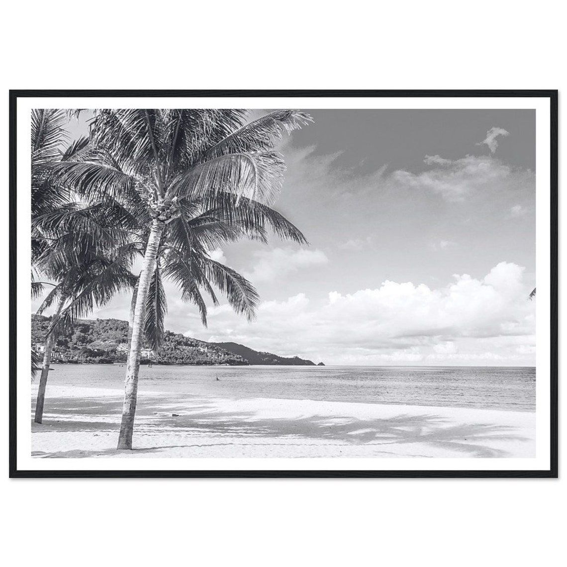 Black And White Tropical Beach Palm Trees And Calm Ocean Poster