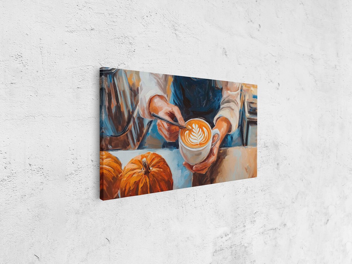 Barista Holding Pumpkin Latte With Leaf Latte Art Impressionistic Coffee Painting - Image 4