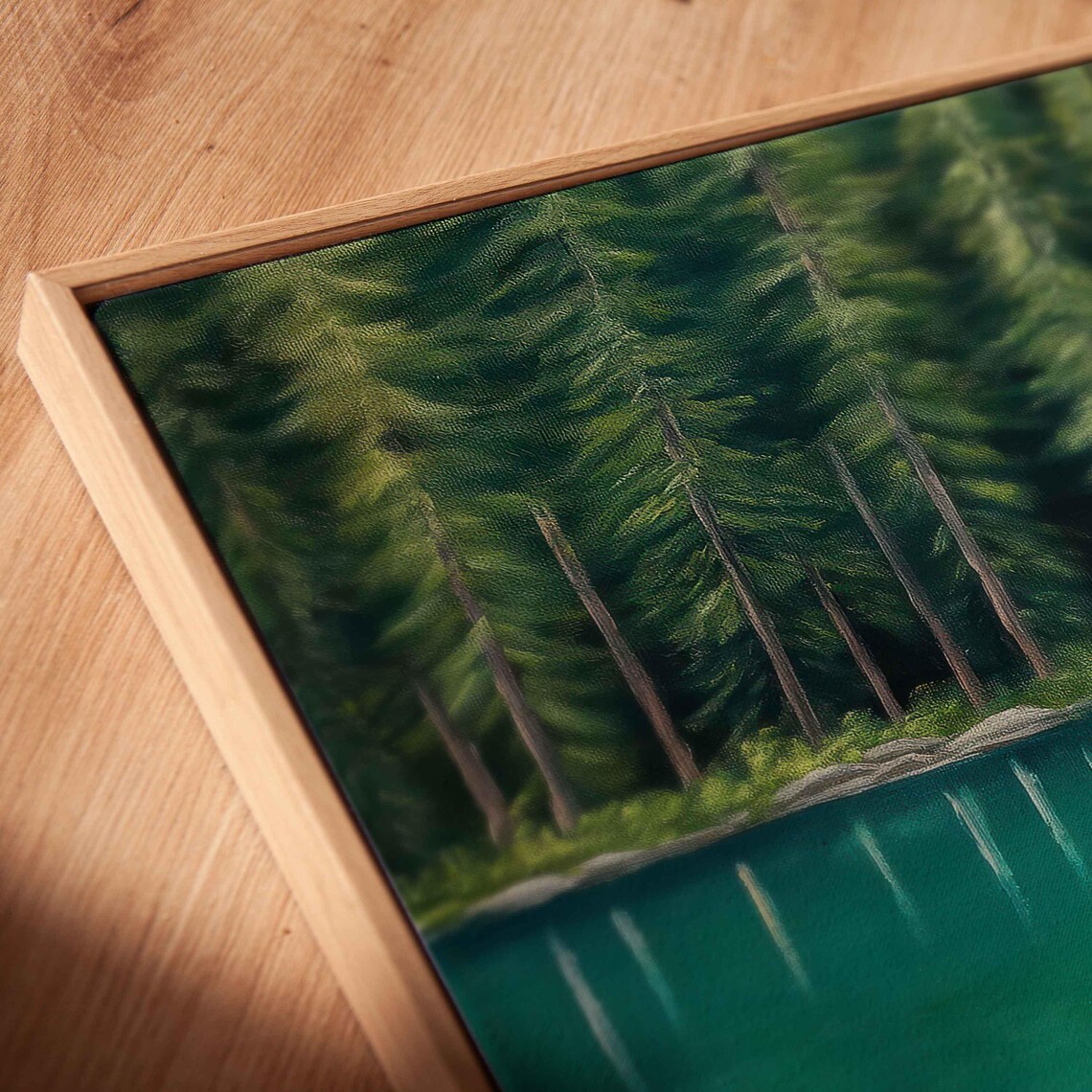 Red Canoe On Tranquil Emerald Lake Art Print - Image 2