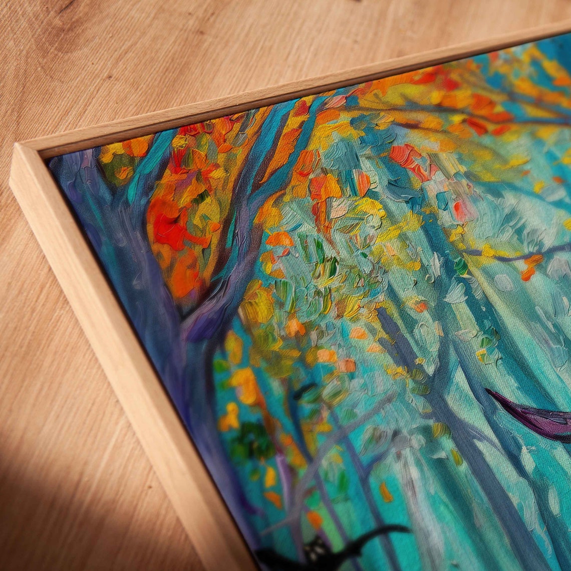 Witch Riding Bicycle Vibrant Autumn Forest Black Cat Colorful Poster - Image 2