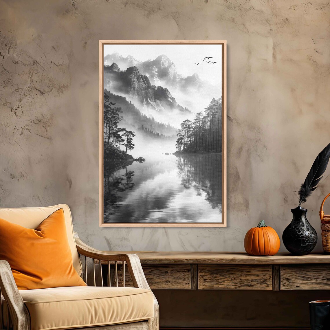 Misty Ink Wash Mountain Lake Birds in Flight Black White Serene Poster - Image 2