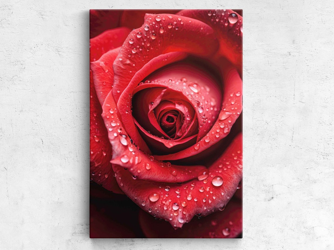 Red Rose Morning Dew Drops Closeup Romantic Floral Photo Poster
