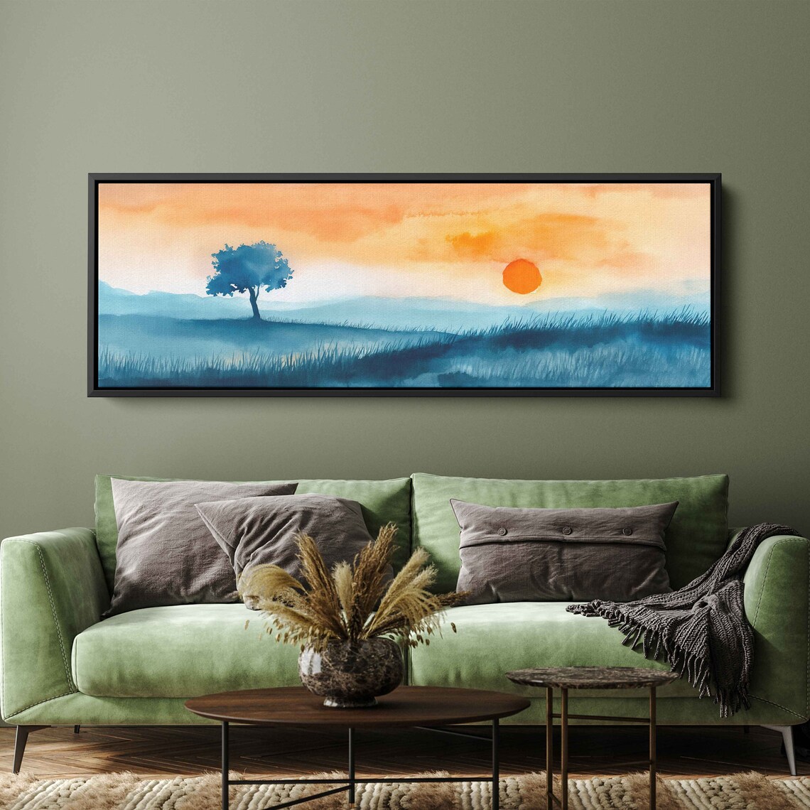 Panoramic Minimalist Watercolor Painting Single Tree In Valley At Sunset Wall Art Print Ready To Hang - Image 2