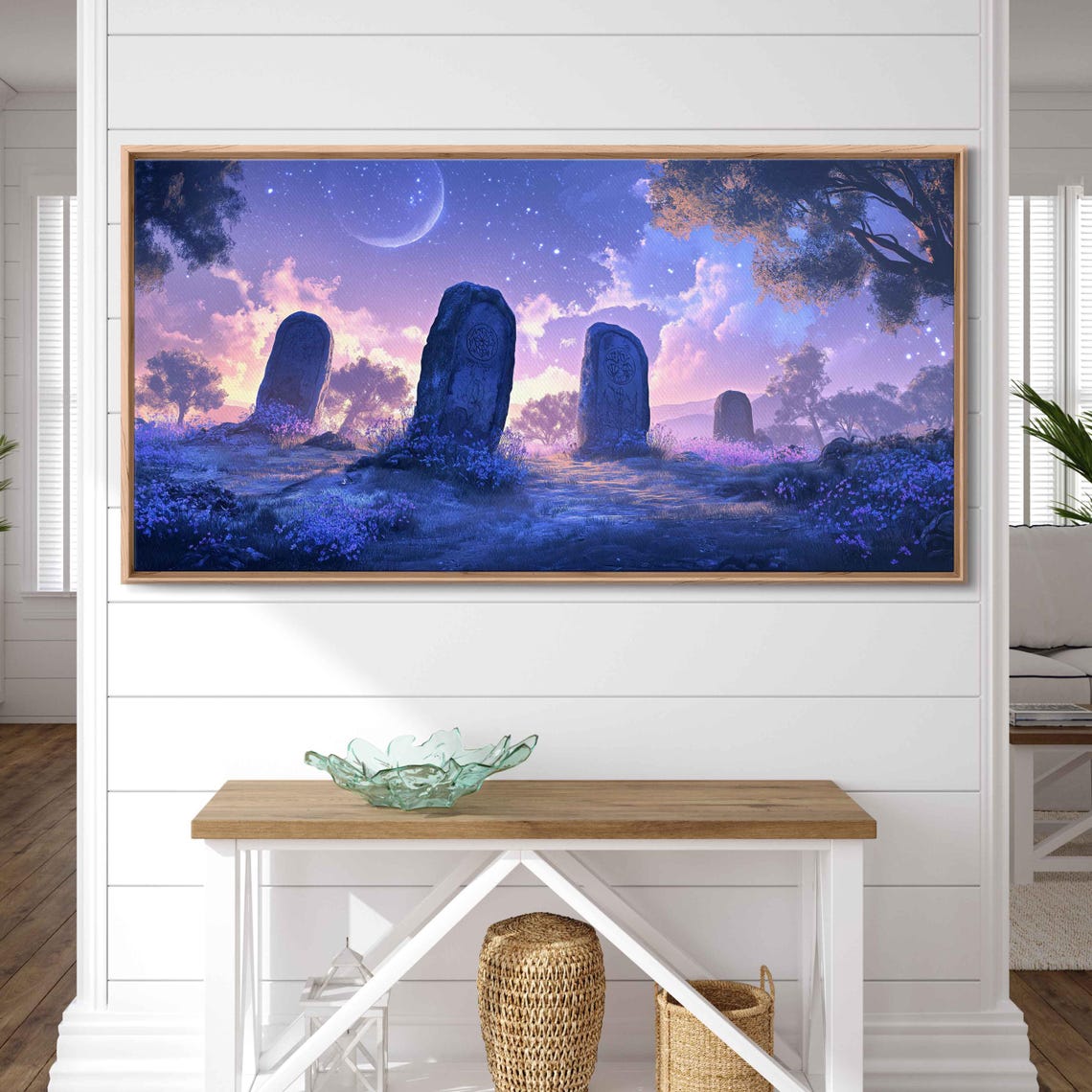 Ancient Rune Stones Purple Twilight Crescent Moon Meadow Poster