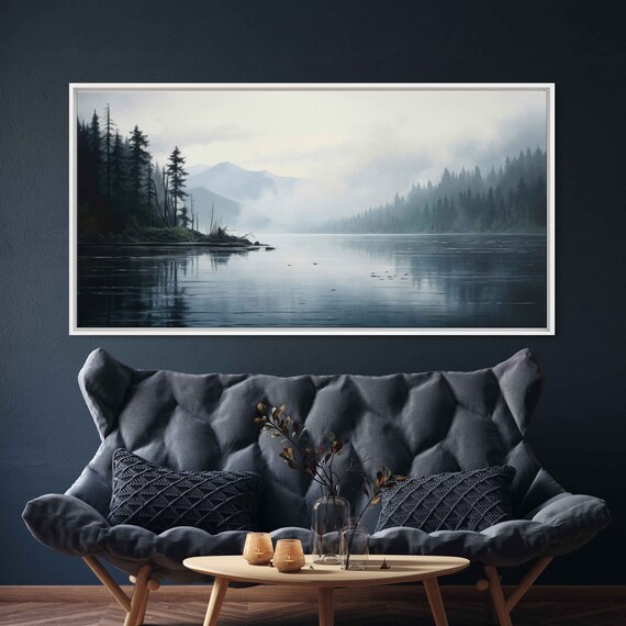 Foggy Sky Over Calm Cold Lake Wall Art Print Mountain Range Northern Desolate Landscape Woodlands Ready To Hang