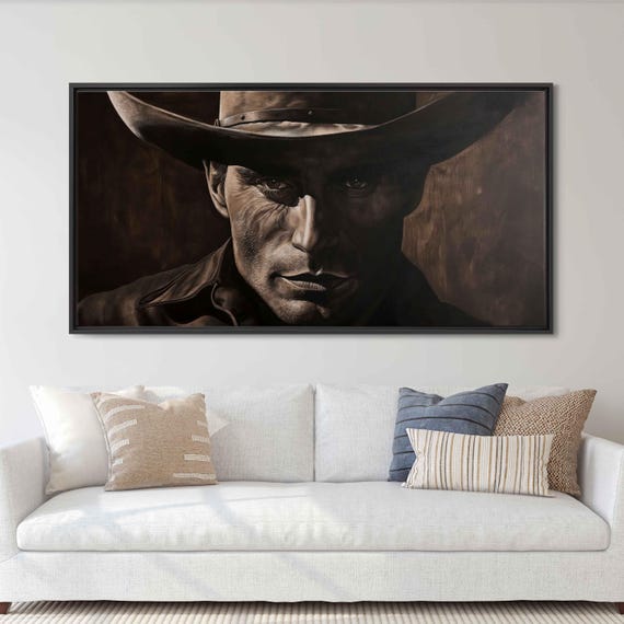 Vintage Cowboy Closeup Portrait Acrylic Wall Art Print Realistic Painting Western Wall Art Rustic Painting Ready To Hang