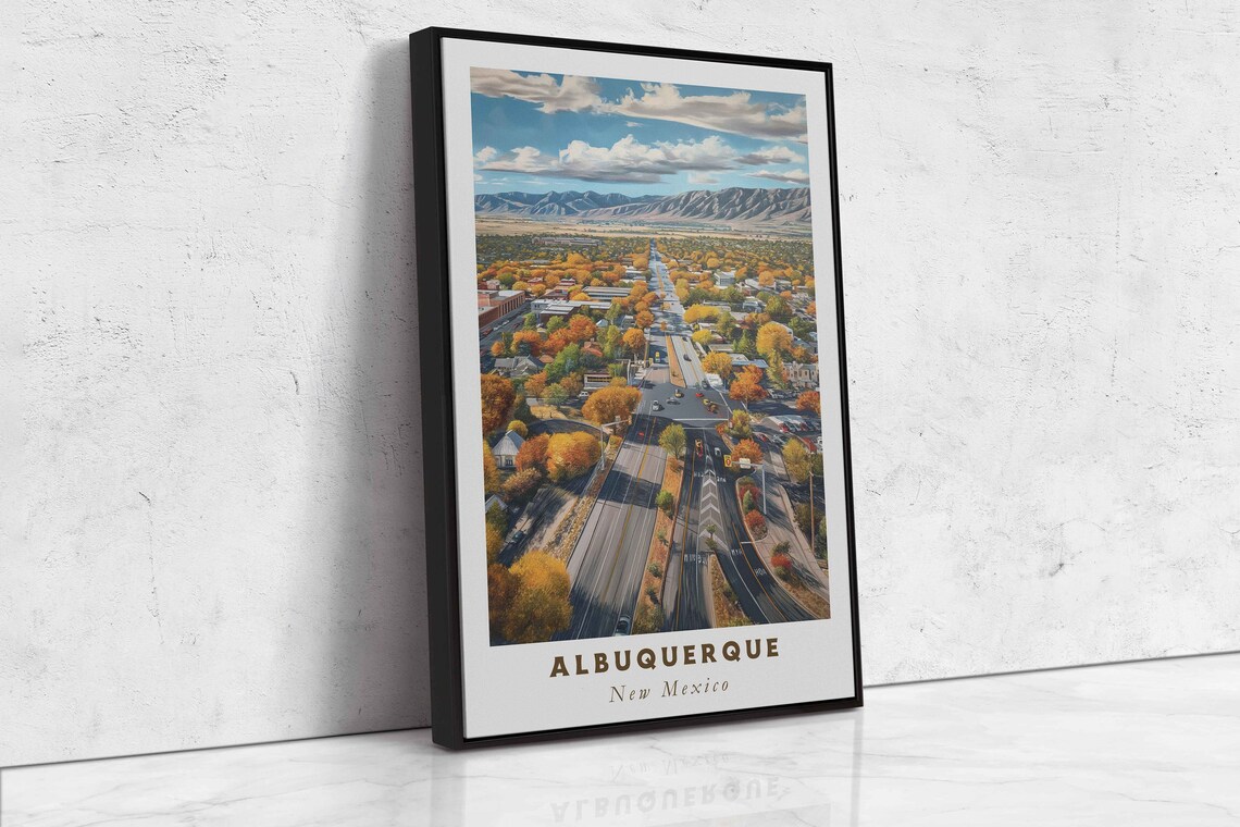 Albuquerque New Mexico Autumn Road Mountain Aerial Travel Poster - Image 2