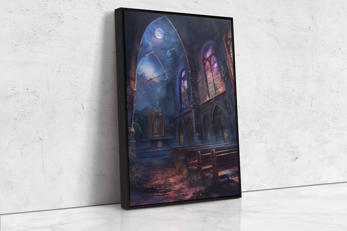 Abandoned Church Moonlit Ruins Broken Stained Glass Gothic Night Poster - Image 4