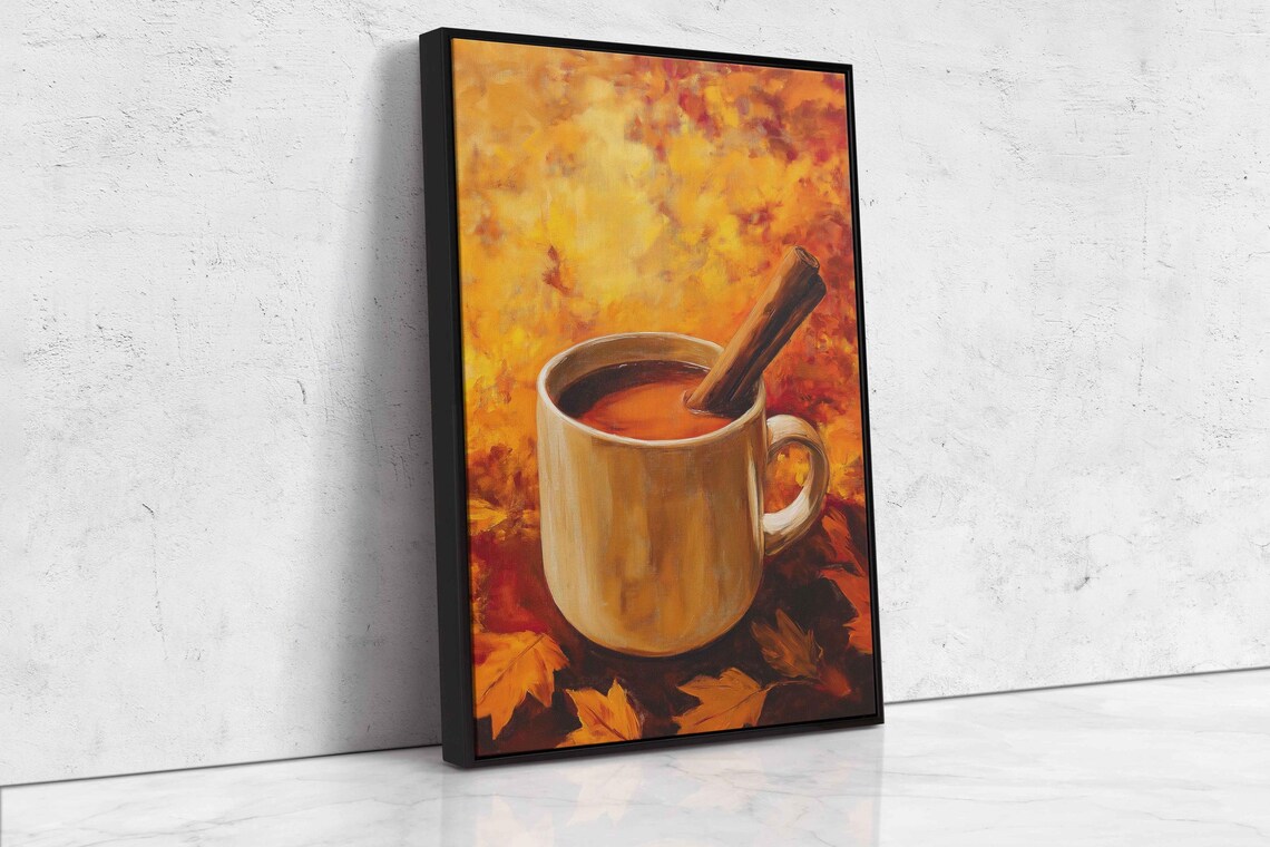 Hot Spiced Coffee Mug With Cinnamon Stick Against Fiery Autumn Leaves Art Poster - Image 4