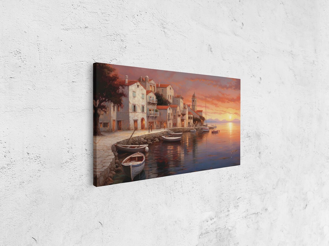 Mediterranean Harbor Sunset Sailboats Old Town Coastal Painting Travel Poster - Image 4