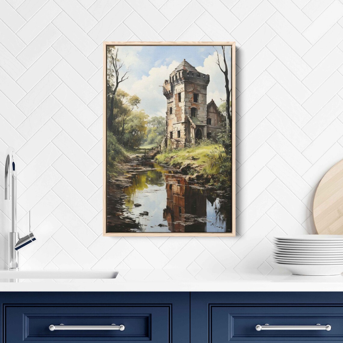 Dense Foggy Forest Painting Wall Art Print Nature Steps Walkway Dilapidated Old Tower Ready To Hang - Image 3
