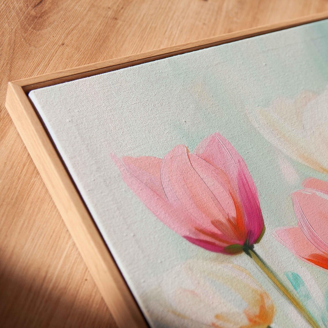 Pink Tulip Blossoms Pastel Abstract Teal Floral Botanical Print - Image 2