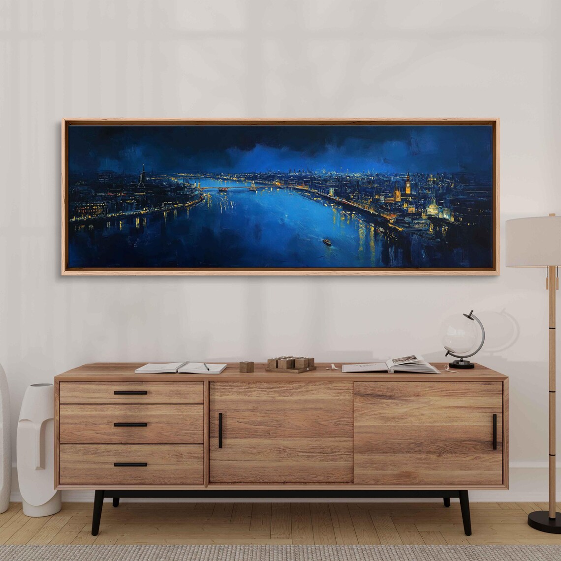 Thames River London At Night City Lights Panorama Moonlit Poster